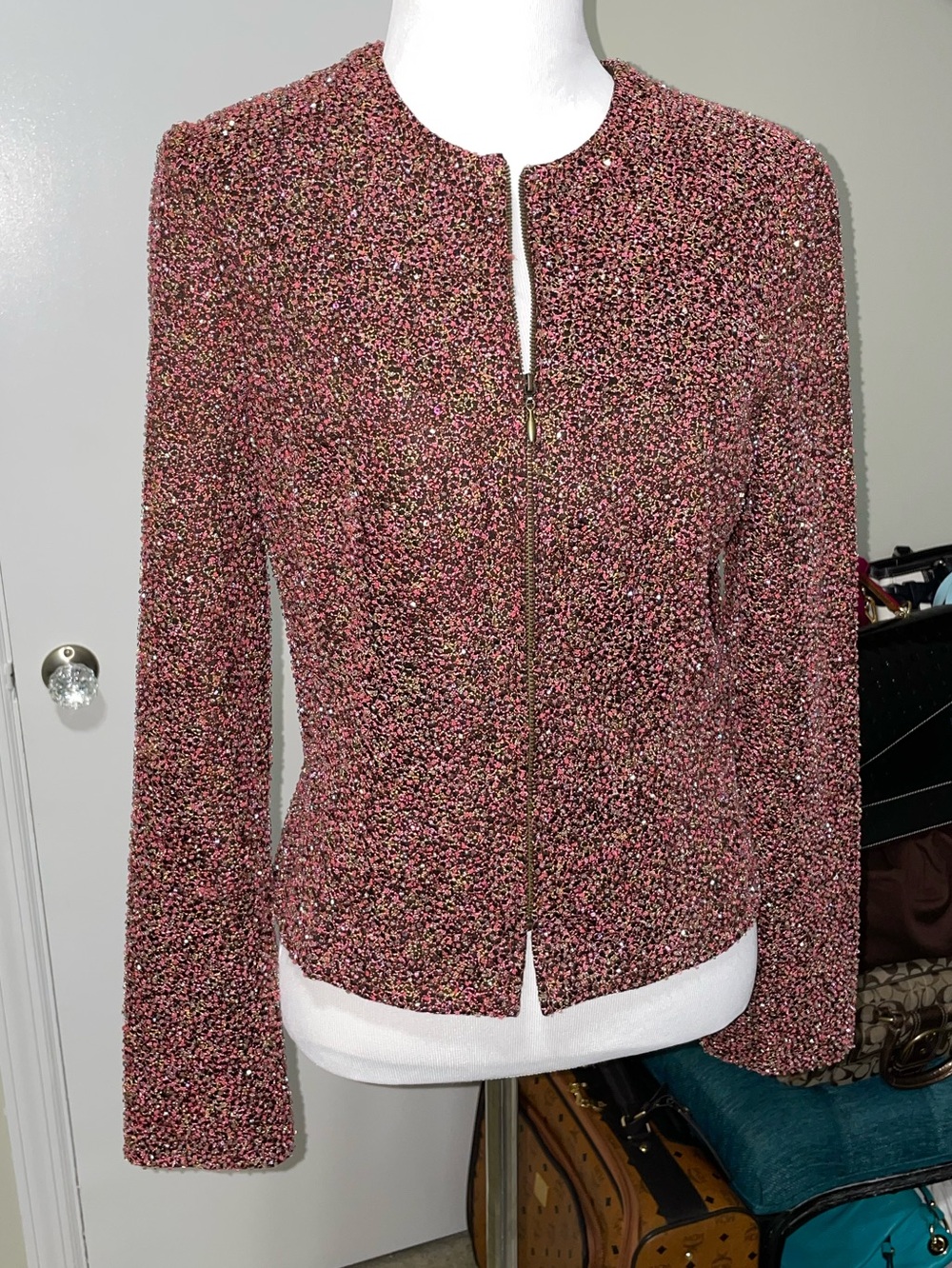 Carmen Marc Valvo Rose-Tone Tweed Zip-Front Jacket
